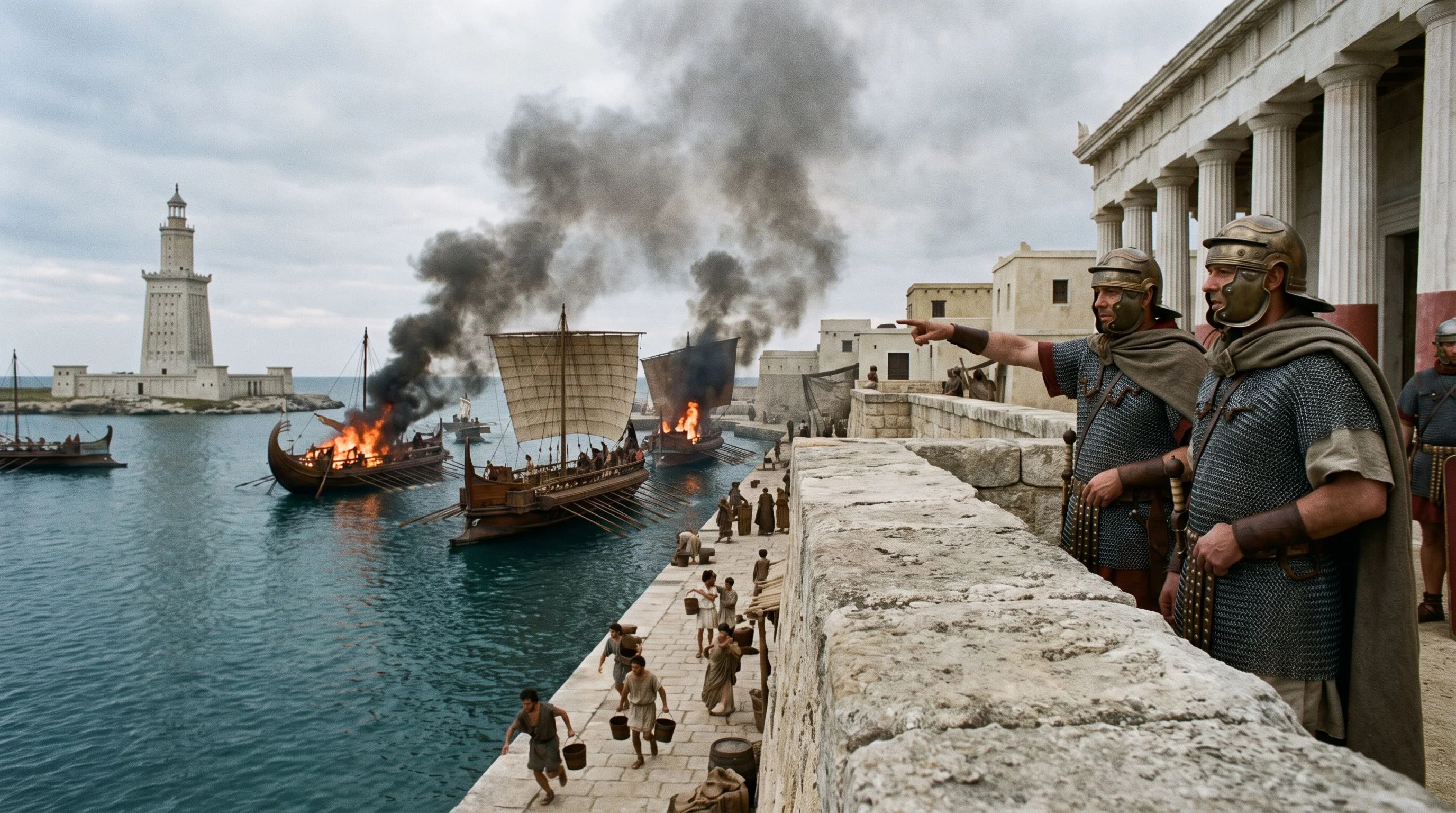 Dramatized view across Alexandria’s harbor as fire spreads beyond the palace quarter.