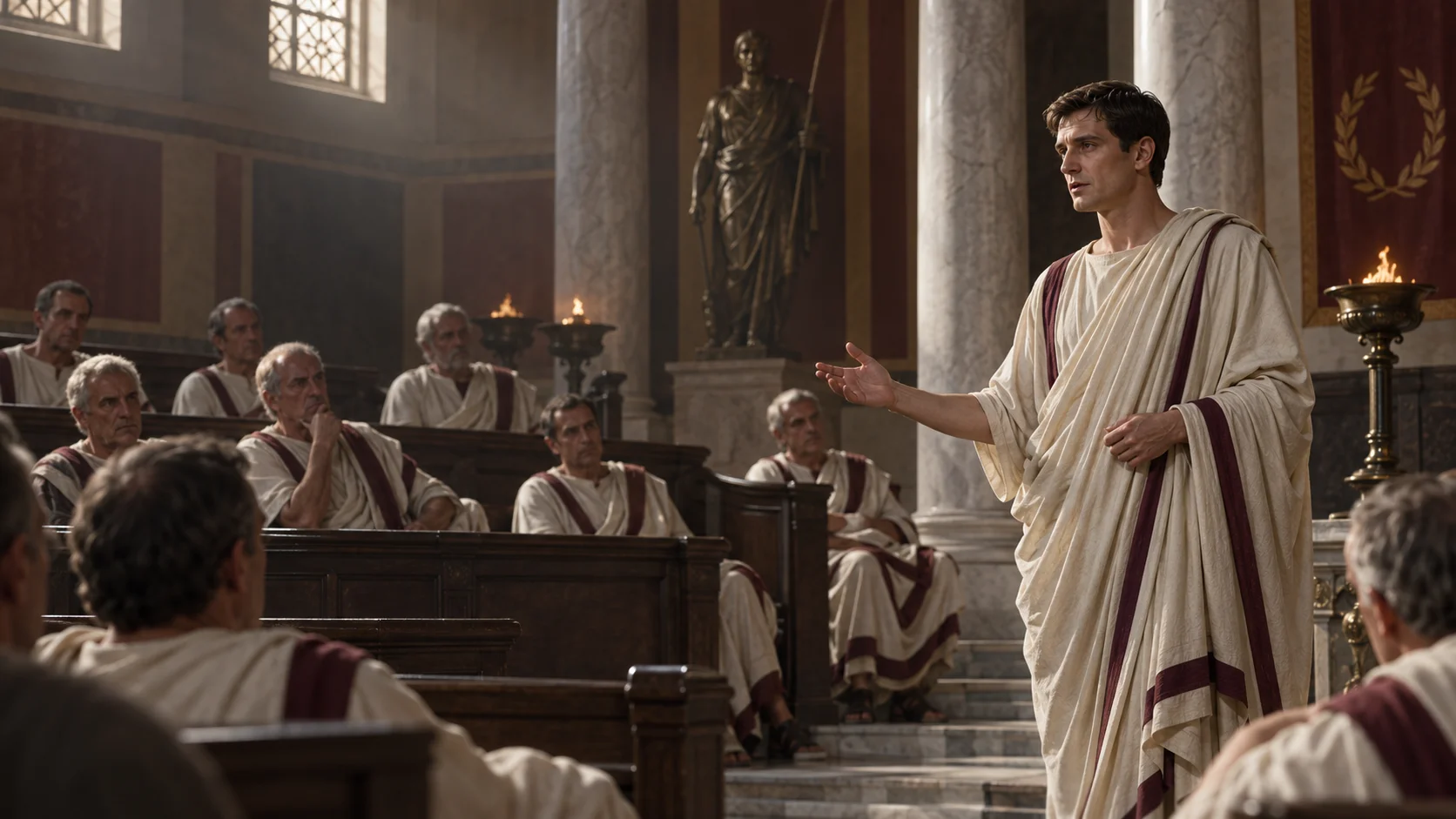 Dramatized Octavian, aged thirty-five, standing before senators in Rome during the settlement of 27 BC.