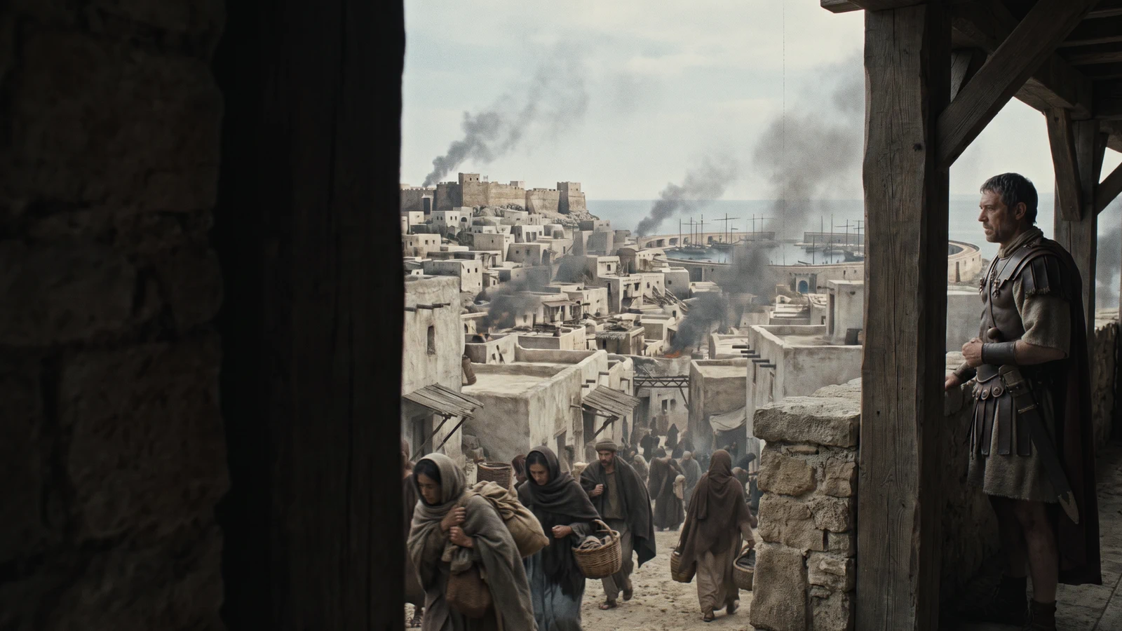 Dramatized view over Carthage as civilians leave streets beneath smoke from the final siege.