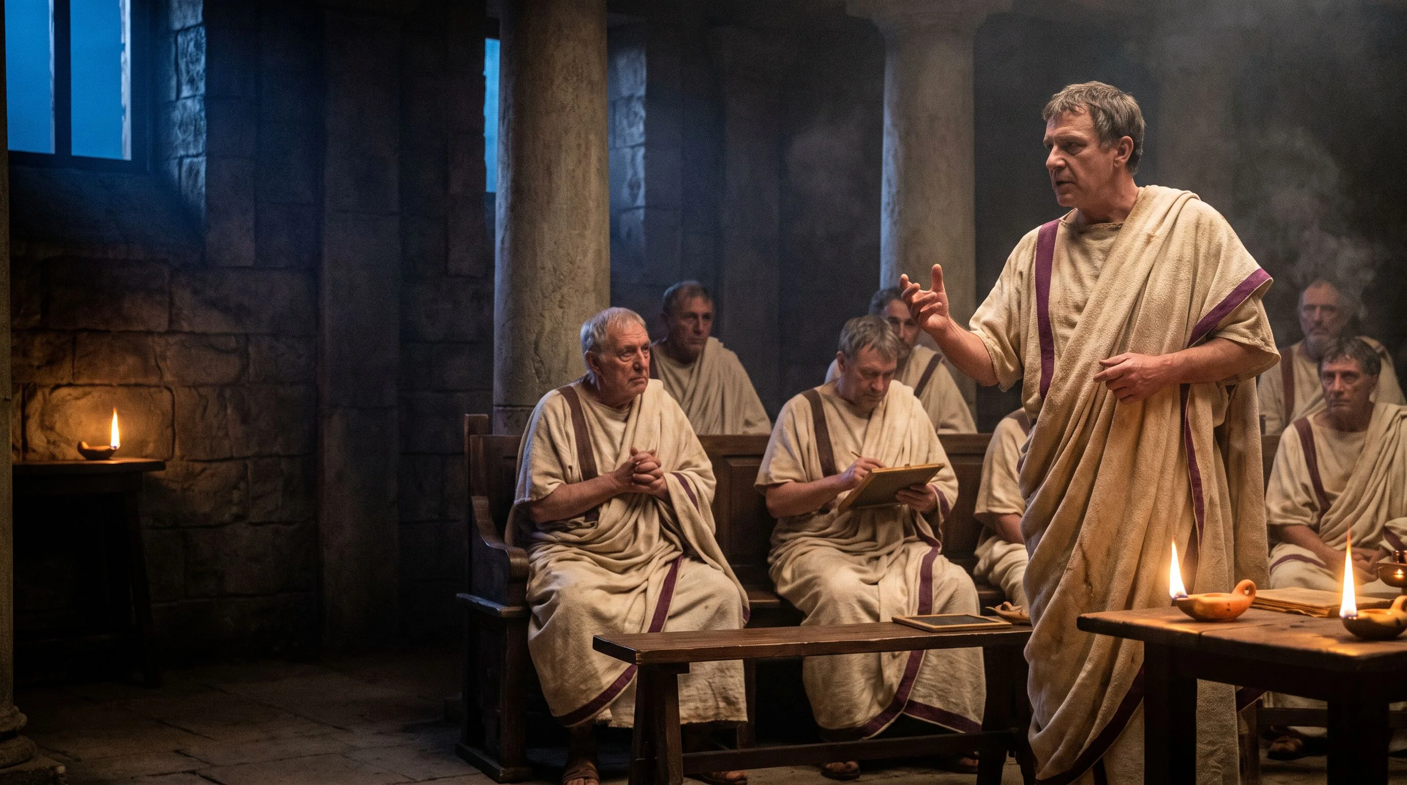 Dramatized view of Cicero addressing senators by lamplight during the Catiline debate.