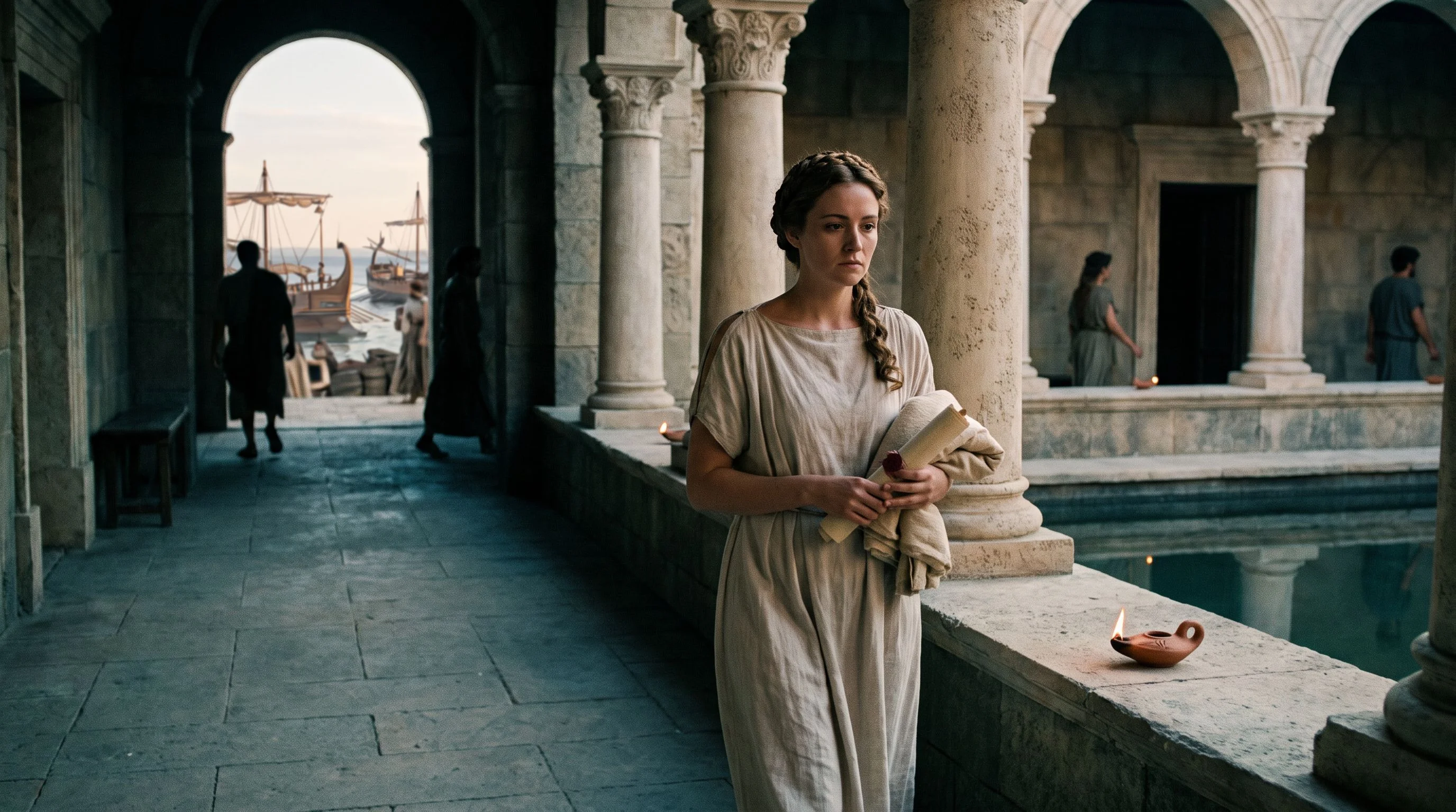 Dramatized attendant crossing a quiet Alexandrian palace courtyard as a fleet gathers offshore.
