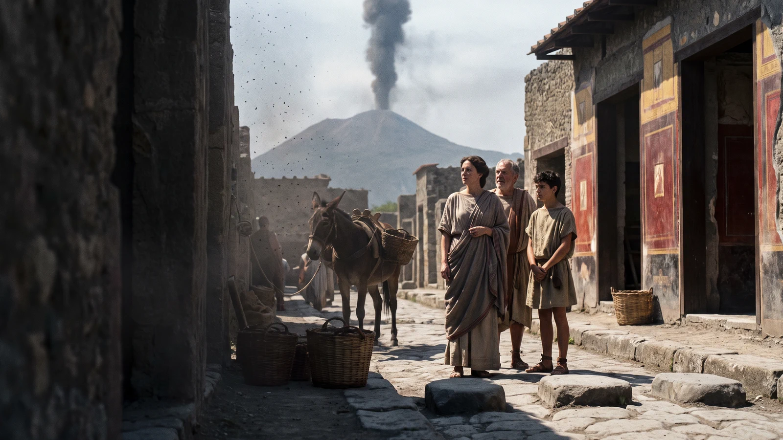 Dramatized Pompeian household watching the first ash plume rise from Vesuvius.