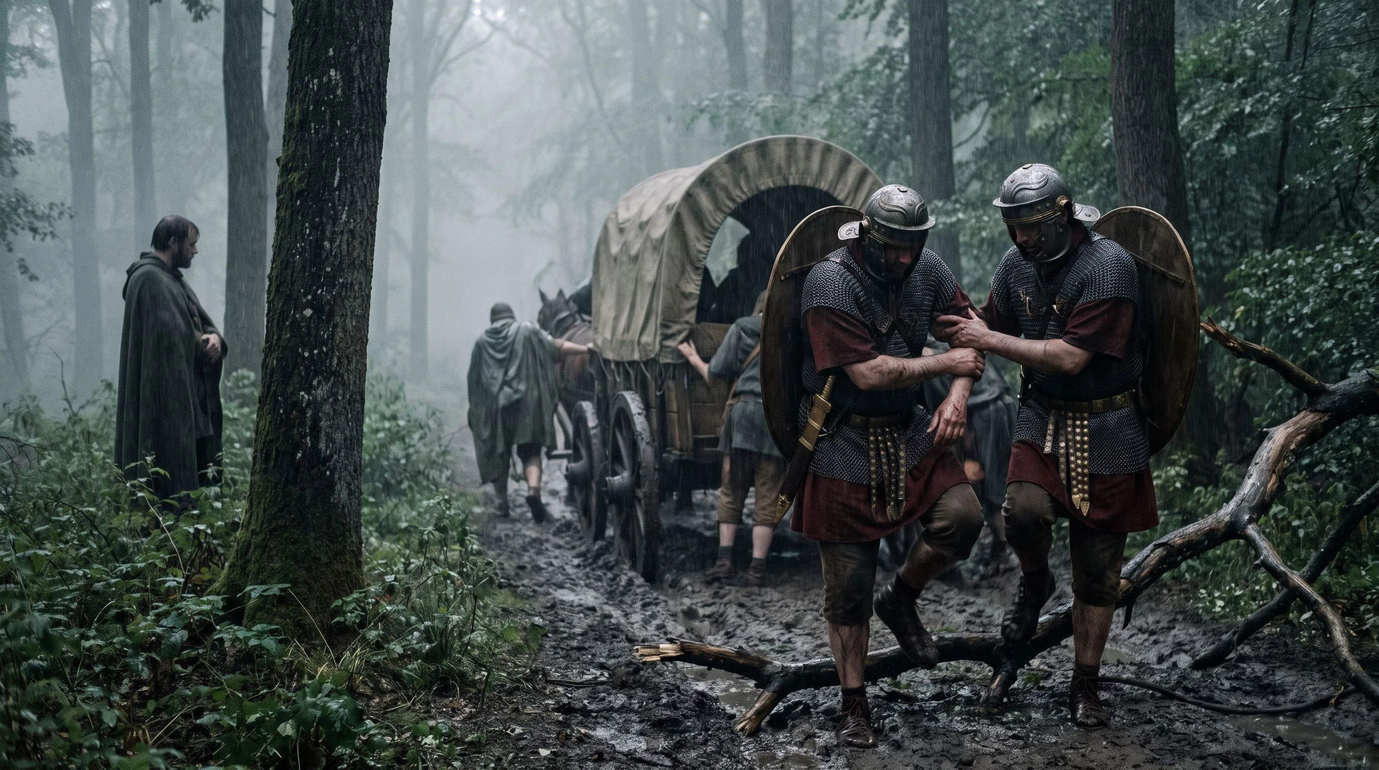 Dramatized Roman column under rain among dense trees in the Teutoburg Forest.